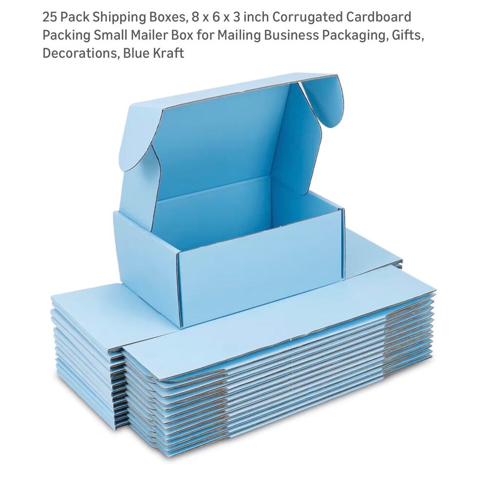 25 Pack Shipping Boxes Blue Cardboard 8"x 6"x 3"  Storage Gifts Party NEW